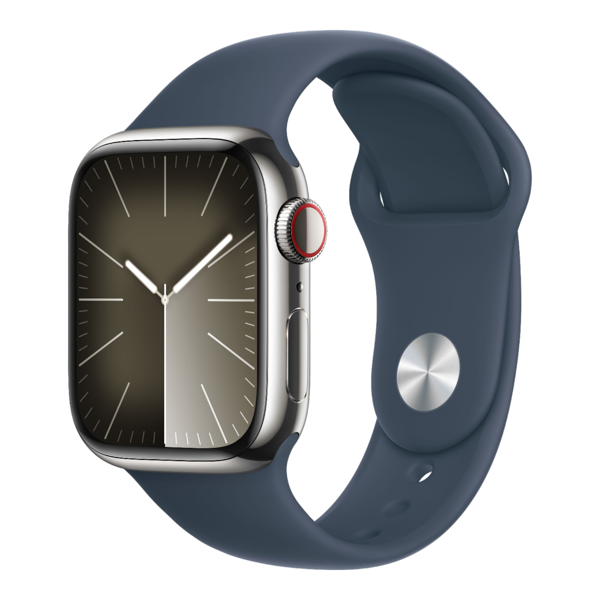 Apple Watch Series 9 GPS + Cellular, 41mm Silver Stainless Steel Case with Storm Blue Sport Band - S/M - alAsil